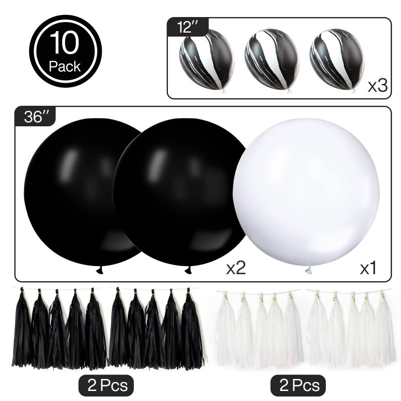 PuTwo LAttLiv 10 Pack Latex Balloons Set 36 inches Jumbo Balloons 12 inches Marble Balloons Paper Tassels,Black/White/Marbled - Image 5